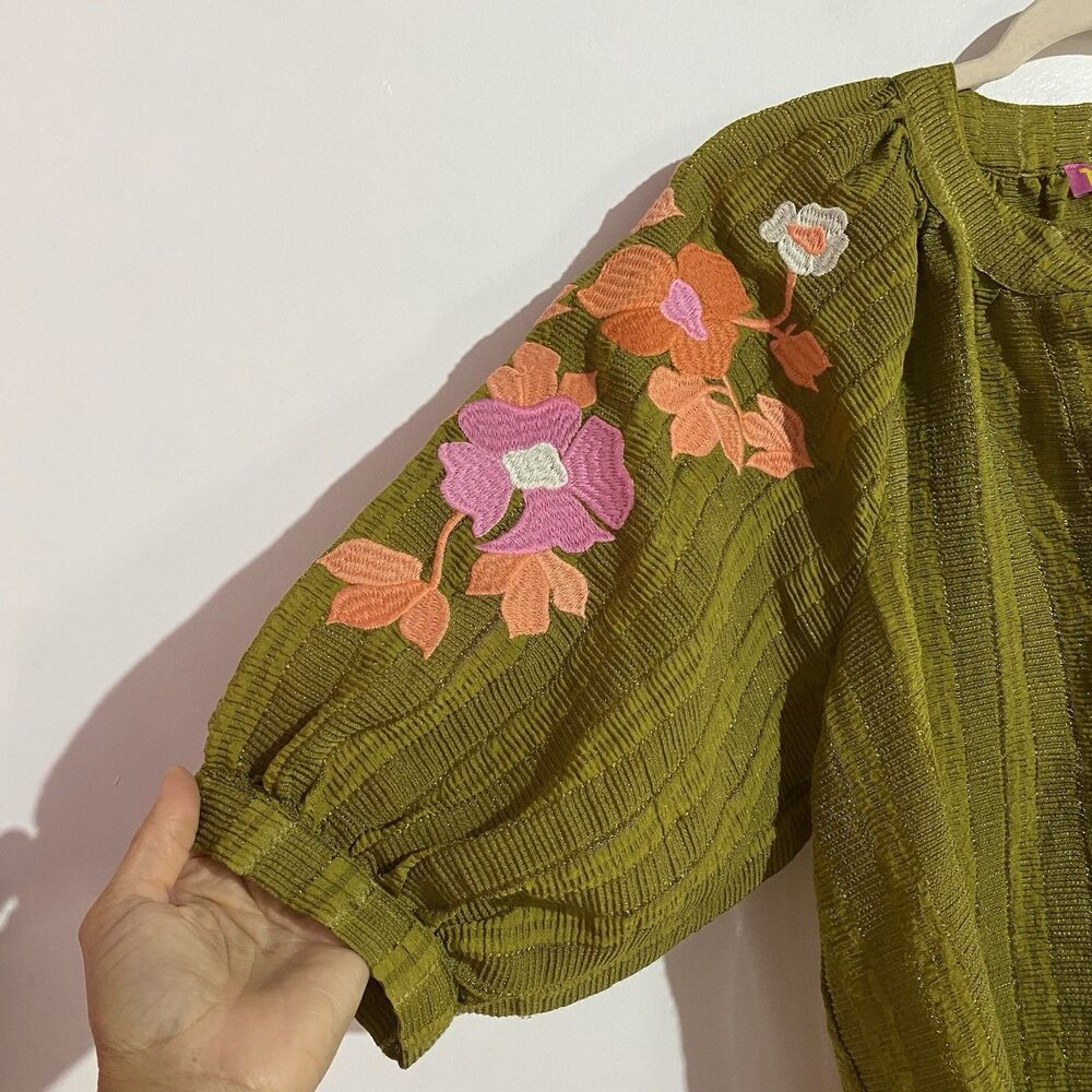 THML Anthropologie Top L Green Floral Embroidered Puff Sleeve Fall Boho - Picture 4 of 13
